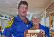 Rice Two Bowl Triples champions Rod and Libby Harris. Absent: Brett Jenkinson.