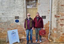 Vincent Pyke Goldfields Gladiator Castlemaine Historical Society Inc member John Brennan and author Russell Garbutt are pictured during his visit to Castlemaine.
