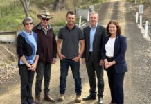 Replacing James Creek Bridge Local residents Margaret Barty, Doug Barty and Alex Lewis, MASC Director of Infrastructure Michael Annear and MP Lisa Chesters at the temporary road bridge that will be replaced.