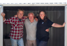 Tom’s shed Lance Bell, Tom Taft, and Debra Tranter in Tom's newly erected shed.
