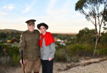 Bill Bates fired four blanks to commemorate the occasion at Maldon. Bill and his daughter Isabella have been attending the ceremony in full costume for the past 10 years. Photo: Jade Jungwirth.
