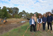 Forest Creek revitalisation continues Forest Creek Revitalisation Project Implementation Group Co-Convenors Kaye Swanton and Jon Leevers, NCCMA Project Manager Tess Grieves and Project Officer Charlotte Webb, and Edwards Environmental Director Luke Collins are pictured at Forest Creek on Friday as in-stream works wrapped up.