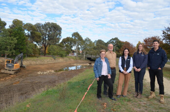 Forest Creek Revitalisation Project Implementation Group Co-Convenors Kaye Swanton and Jon Leevers, NCCMA Project Manager Tess Grieves and Project Officer Charlotte Webb, and Edwards Environmental Director Luke Collins are pictured at Forest Creek on Friday as in-stream works wrapped up.