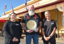 Golden Plate honour for Five Flags Five Flags Hotel team members Renee Taylor, owner Paul Kelly, and Anita Berns celebrate their latest win.