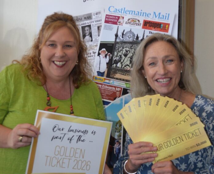 Castlemaine Mail manager Lynda Brew and advertising representative Louise Conron urge you to grab your Golden Ticket to win!