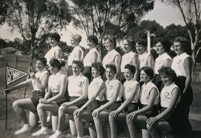 St Mary's Basketball team (Back Row L-R) Joan McShanag, Lorna McShanag, Frances Duffy, Maureen Seddon, Joan Dalton, Valerie McMillan, Carmel Cartwright, Pat McMillan. (Front Row L-R) Kathy Cornthwaite, Bernadette McShanag, Marie Gould, Winsome Barlow, Valerie Alexander (Val Dwyer), Iris Alexander, Eddie Bennet, Maureen Cartwright.