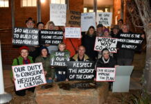 A town divided – Camp Reserve application comes before council A group of protestors concerned about preserving the historical significance of the reserve called Gold Camp Castlemaine, was waiting out front with placards.