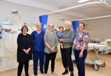 Equipment upgrade for better care close to home Dhelkaya CEO Sue Race, nurse Peta Ballinger, MP Maree Edwards, board director Dr Heather Margaret Holst (with grandchild) and staff member Janine McCarthy.