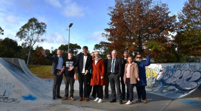 Council representatives with MP Maree Edwards and Josh Salmon, owner of Oni Street Wear, celebrating the funding for the skatepark design last week.