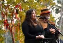 Acknowledging the darkest chapters First Nations peoples and their allies came together en masse to commemorate Sorry Day at the Botanical Gardens on Tuesday. Indigenous advocate Vic Say and Nalderun CEO Kath Coff (pictured) were among the speakers addressing the crowds. Photo: Jade Jungwirth.
