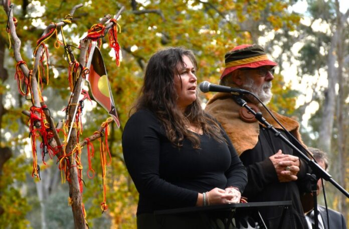 First Nations peoples and their allies came together en masse to commemorate Sorry Day at the Botanical Gardens on Tuesday. Indigenous advocate Vic Say and Nalderun CEO Kath Coff (pictured) were among the speakers addressing the crowds. Photo: Jade Jungwirth.