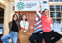 A warm introduction to joining Rich Moffat teaching Mahira Sobral, Isis Jordan, and Claire Akhbari some moves ahead of Town Open Day. Photo: Jade Jungwirth