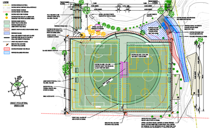 Stage 1 of the project will see the field extended to accommodate two full-size soccer pitches for adult games overlaid with four junior pitches, and the turf cricket pitch at its heart