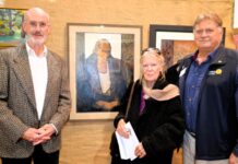 Art Show winners celebrated Guest judge and La Trobe University Bendigo Visual Arts Centre managing curator Paul Northam is pictured with Rotary Art Show major prize winner Norma Bailey-Ramsay and Rotary President Trevor Bray and the winning work Karla.