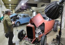 Miles and Claire from the Ideas Agency film local hot rods at Autoplex last week.