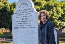 New history book unveiled Judith Hopkins is pictured at resting place of her ancestors and former saddlery owner James Lindsay, wife Susan and their children Susan, Willie and Susan at the Castlemaine Cemetery.