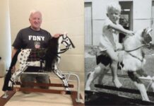 Hold your horses! Now and then. Left - Athol Dennis is pictured with the newly restored horse. Right - Athol enjoys a ride on the original horse.
