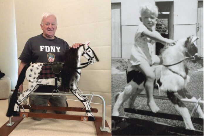Now and then. Left - Athol Dennis is pictured with the newly restored horse. Right - Athol enjoys a ride on the original horse.