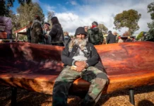 Honouring connection Dja Dja Wurrung Elder Uncle Rick oversaw the making of the Reconcilation Seat made by artisan Pete McCurley. Photo: Diana Domonkos