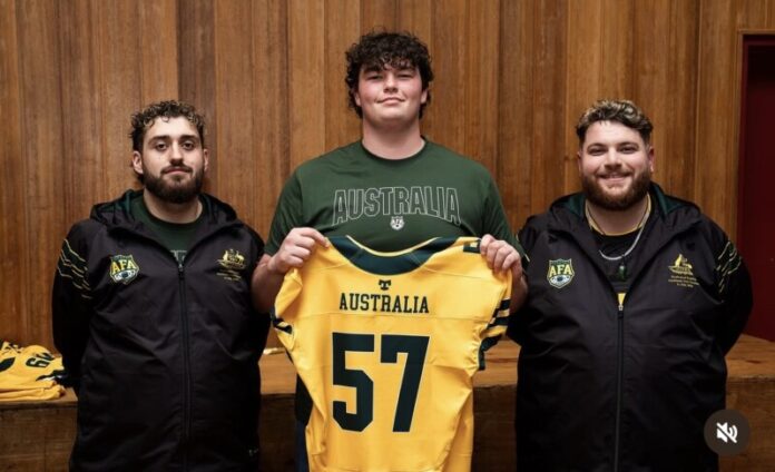 Felix Matheson is proudly pictured at his Australian jersey presentation.