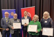 Service to community recognised Rotary Castlemaine’s Foundation Director John Clue with Paul Harris Fellows recognised for their service to community; Terry Murphy, Brendan Blake, Tania Butterworth and Jane Anderson.