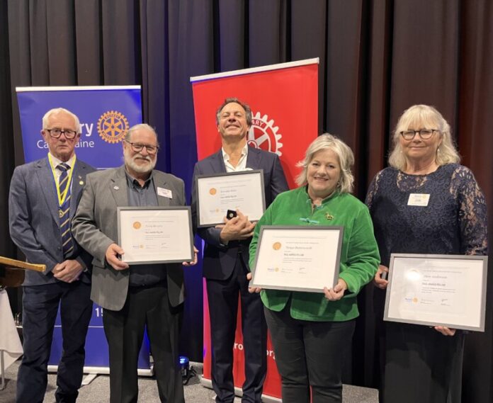 cFellowship260626 Rotary Castlemaine’s Foundation Director John Clue with Paul Harris Fellows recognised for their service to community; Terry Murphy, Brendan Blake, Tania Butterworth and Jane Anderson.
