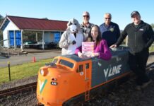 Little mouse carries a big story of hope The Harcourt Valley Mouse (aka Loretta Rice), Harcourt Recovery Thinking Group for HADCRA (Harcourt & District Community Recovery Association) member Leigh Canet, Harcourt and District Lions Club treasurer Des Dooley, and VMR president Andrew Mierisch are pictured with author Rachel Vanstone and the new book. The launch event aims to raise funds to complete the community barbecue shelter, pictured at the rear. Photo: Lisa Dennis