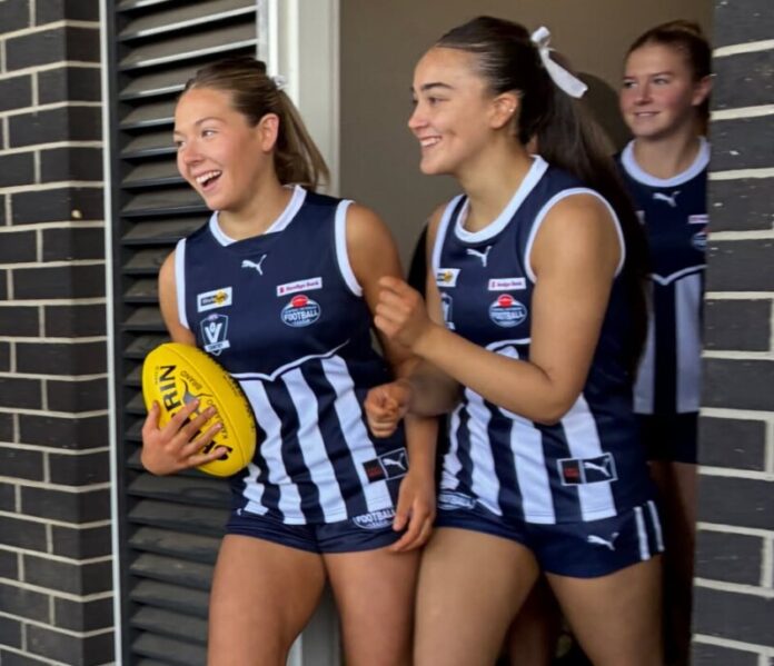Castlemaine’s Amelia Brown and Kate Batchelor were all smiles as they took to the field. Absent: Ava Bartlett.
