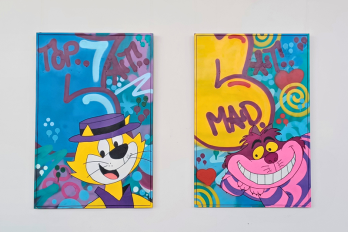 BLOTCH - Scraps on now until August 5. A collection of cool cats and pop –culture figures on canvas, blending street–art energy with bold lettering, cartoon forms and abstract shapes.