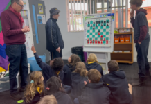 CSC teacher Mark Johansson, together with student mentors Edward Harris and Michael Miles, introducing Campbells Creek Primary School students to the mysteries of the opening moves.