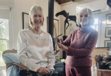 Forces of nature Australian aviator Deborah Lawrie is pictured in the studio with sculptor Ruth Lyon. Photo: Gail Power.