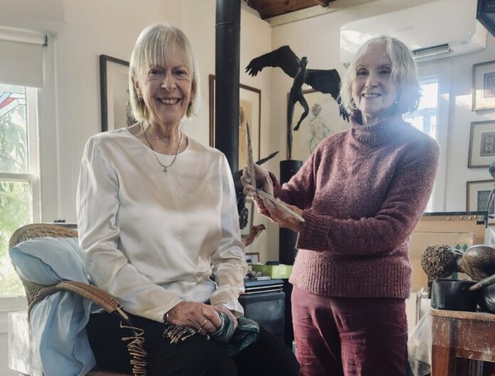 Australian aviator Deborah Lawrie is pictured in the studio with sculptor Ruth Lyon. Photo: Gail Power.