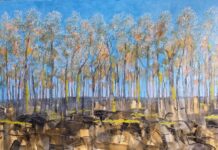 Essence of Place Geoffrey Falk, After the flames - Indian ink and oil paint on canvas.