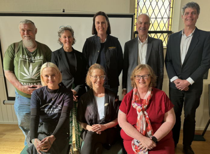 Put it to the Pollies panellists (Back) Legalise Cannabis candidate Wayne Taylor, Greens candidate Dr Cate Sinclair, Nationals MP Gaelle Broad, MC the Hon Kelvin Thomson, mayor Toby Heydon and (Front) Animal Justice Party MP Georgie Purcell, Mount Alexander Wildlife Watch president Kerrie Allen, and Independent candidate for Bendigo East Liz Wright. Photo: Mount Alexander Wildlife Watch.