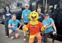 Run The Maine steams ahead! Race mascot 'The Bird' aka Dr Richard Mayes, race director Gavin Krasner and the Run The Maine crew can't wait to get today's 18th edition underway! Photo: Ben Harding, Storyland