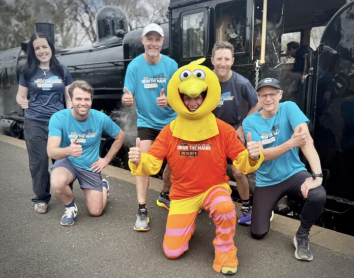 Race mascot 'The Bird' aka Dr Richard Mayes, race director Gavin Krasner and the Run The Maine crew can't wait to get today's 18th edition underway! Photo: Ben Harding, Storyland