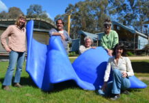 Calling all sculptors Spring Sculpture Prize coordinator Carla Abate, Lot19 founder Mark Anstey, board member Oakies, local sculptor Helen Bodycomb, and Lot19 chair Jane Goodrich are pictured with sculpture 'With Cane in Hand, I Dance a Duet for One, for Two, for Three, for Four' by Fayen d'Evie which was gifted to the space. Photo: Lisa Dennis