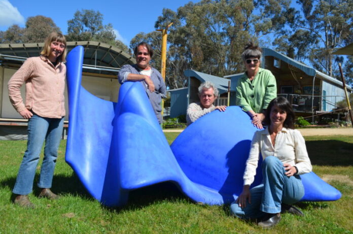 Spring Sculpture Prize coordinator Carla Abate, Lot19 founder Mark Anstey, board member Oakies, local sculptor Helen Bodycomb, and Lot19 chair Jane Goodrich are pictured with sculpture 'With Cane in Hand, I Dance a Duet for One, for Two, for Three, for Four' by Fayen d'Evie which was gifted to the space. Photo: Lisa Dennis