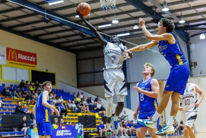 Castlemaine Cannons Madiar Chipuowuop leaps for a shot at the Red Energy Arena.